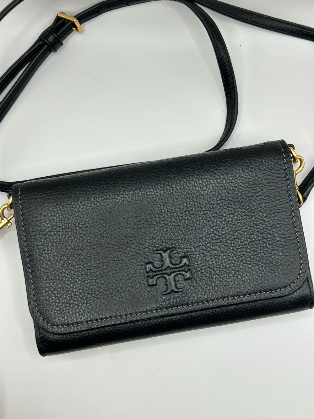 Tory Burch Black Thea Pebbled Leather Crossbody Wallet